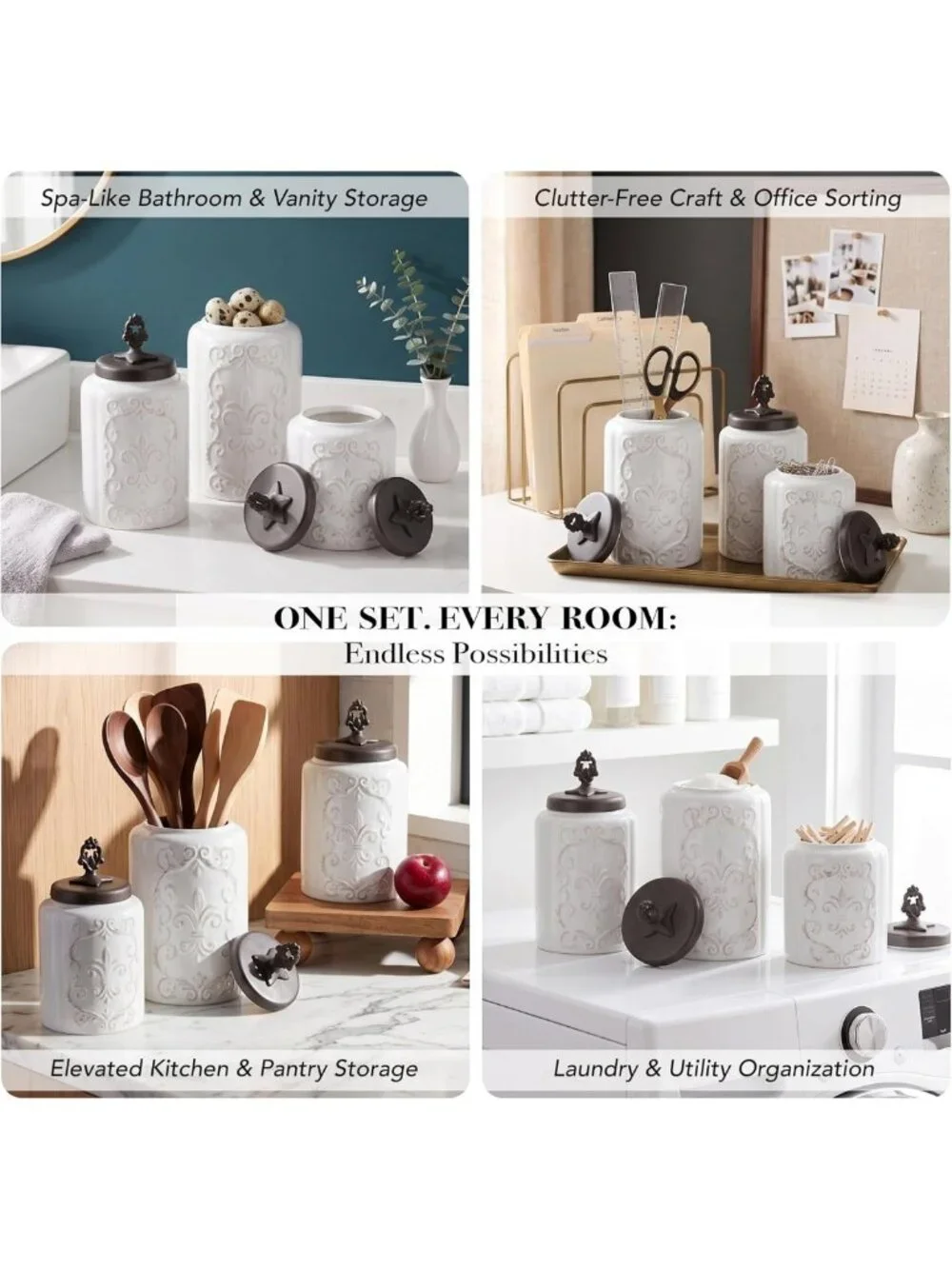 Elegant 3-Piece White Ceramic Canister Set with Airtight Stainless Steel Lids